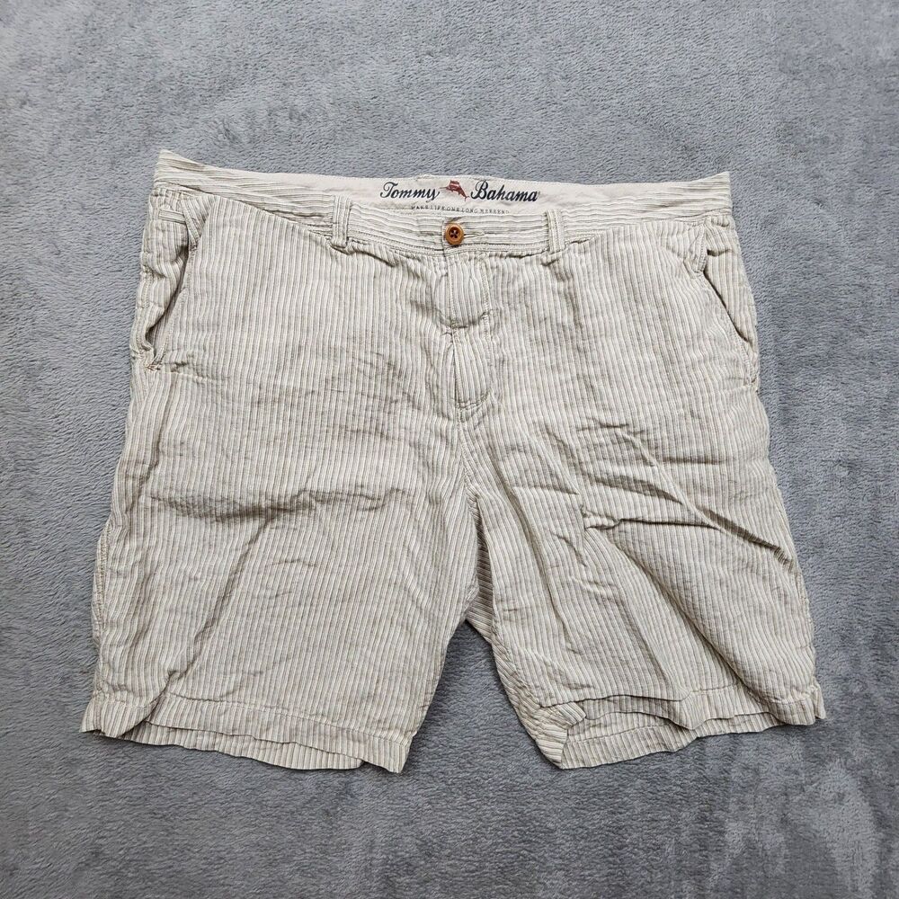 Tommy Bahama Mens 42 Beige Striped Linen Shorts Lightweight Resort Casual Wear